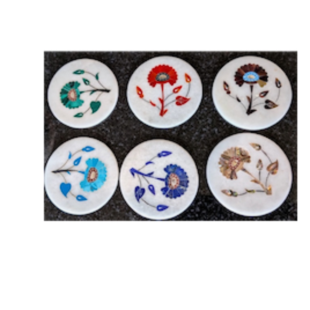 Handcrafted Marble Inlay Floral Coasters Set of 6 + Holder